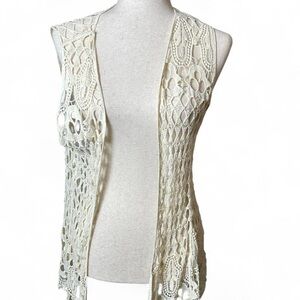 Cream Crochet Open-Front Sleeveless Vest